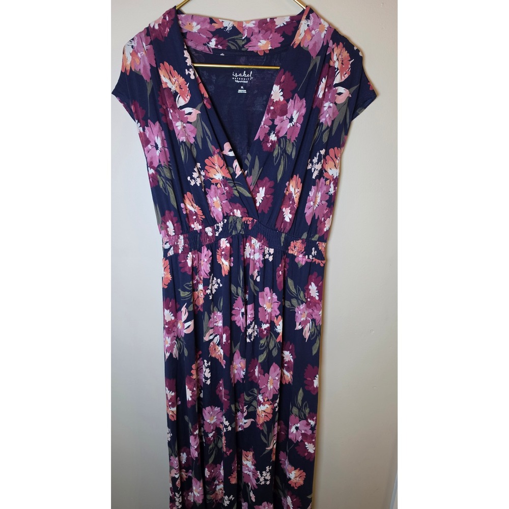 Isabel Maternity XL Navy Floral Maxi Dress V-Neck Short Sleeve Pregnancy Boho